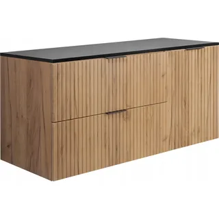 Rodan | Badezimmerschränke 120cm | Braun Matt - Holz | B/H/T 120/57/46 cm | Geriffelte Türen - Schwarze Platte - Badmöbel - Badschrank - Braun