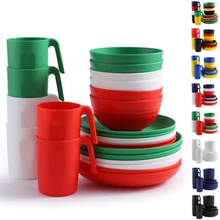 Berglander Plastikgeschirr Sets 24 teiliger für 6 Personen, wiederverwendbare Teller und Schüssel Sets in IT-Farbe mit Speisetellern, Desserttellern, Müslischalen, Tassen für Zuhause, Garten, Picknick