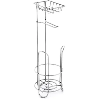 MSV Klopapierhalter mit Ablage, schmaler Toilettenpapierhalter stehend aus Metall, freistehender Toilettenpapierständer für insgesamt 3 Rollen, Silber