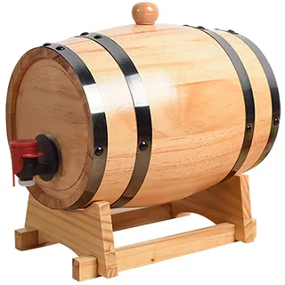Fassförmiger Getränkespender 3L, Whisky Karaffe Für Alkohol Mit Zapfhahn, Transparenter Spender Mit Holzuntersatz Für Wein, Whiskyfass, Limonade (JS-1) (3L-B)