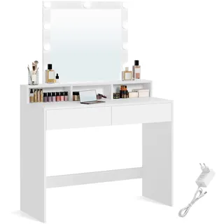 VASAGLE Schminktisch mit LED-Beleuchtung, einstellbare Helligkeit, Frisiertisch mit Spiegel, Kosmetiktisch mit 2 Schubladen und 3 offenen Fächern, Frisierkommode, modern, weiß RDT164W01