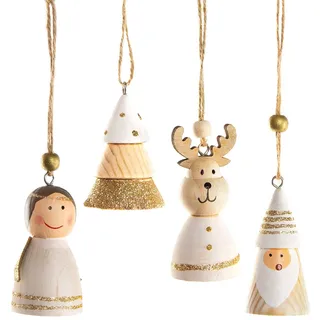 Holzanhänger Weihnachen, 4er Set, Gold weiß Natur, Weihnachtsbaumanhänger aus Holz, Engel Baum Nikolaus Rentier, Weihnachtsdeko zum Hängen 6,5 cm