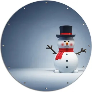 Wallario rundes Outdoor-Poster für Garten oder Balkon, Motiv Winterstimmung - Frecher Schneemann mit Zylinder und rotem Schal, 120 cm Durchmesser - Blau