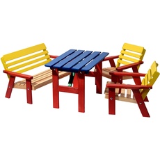 Bild Bunte Kindersitzgruppe aus Holz 4-tlg Kindertisch 70 x 48 x 49 cm inkl. Kinderstühle und Kinderbank