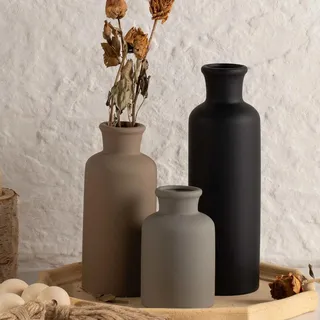 Moderne Dekorative Vasen Set, 3-teilig, Grau Schwarz Beige, Matt Keramik, Minimalistische Zylindrische Form, Wohnzimmer Deko