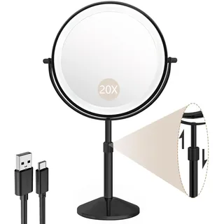 BTremary Schminkspiegel mit Beleuchtung 8", 20fach Vergrößerungsspiegel mit Licht, Höhenverstellbar Spiegel mit Beleuchtung for Badezimmer, 360° Drehbar Kosmetikspiegel mit Vergrößerung für Details.