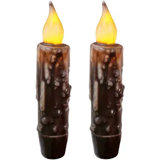 CVHOMEDECO. Echtwachs Hand getauchte batteriebetriebene LED Timer Taper Candles Country Primitive Flameless Lights Dekor, 12 cm, Braun, 2 Stück in Einer Packung