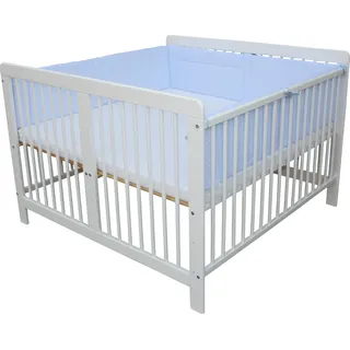 Zwillingsbett Zwillingskinderbett Kinderbett für Zwillinge massiv weiss mit 2 Matratzen 120x120cm + Nestchen blau - Weiß