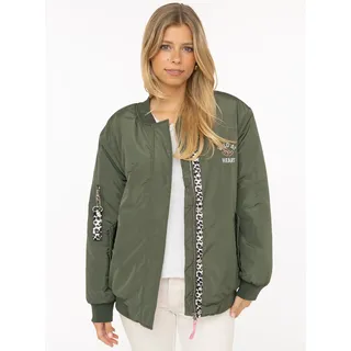 Bomberjacke ZWILLINGSHERZ "Wild Heart", Damen, Gr. M, grün (olive), Web, Obermaterial: 100% Polyester, unifarben, lässig geschnitten Po-bedeckend, ohne Ausschnitt, Rippbündchen, Jacken Bomberjacke, Oversize - überschnittene Schulter, Taschen mit Druckknöpfen