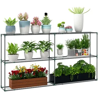 Outsunny Pflanzenregal, Blumenregal Pflanzentreppe mit 3 Stufen, Pflanzenständer, Blumenständer für Garten, Balkon, Stahl, Dunkelgrün, 222 x 30 x 114 cm