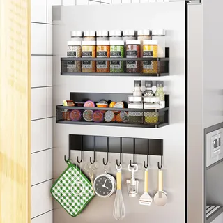 Aufworld Magnetisches Gewürzregal für Kühlschrank, 3er-Set bewegliche Magnetregale mit 8 Haken, praktischer Kühlschrank-Organizer für Gewürze und Küchenutensilien