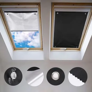 Johgee Dachfenster Rollo Thermo Sonnenschutz 52x96cm, Schwarze Vorhänge | Verdunkelungsrollo für Velux Fenster Verdunklungsstoff für Roto, ohne Bohren mit Saugnäpfen, Silberne Wärmeschutzbeschichtung