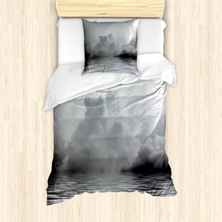 ABAKUHAUS Mond Mantele, Misty Air und Ocean Art, Milbensicher Allergiker geeignet mit Kissenbezügen, 135 cm x 200 cm - 80 x 80 cm, Schwarz Pale Grau Weiß - Schwarz