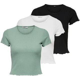 T-Shirt ONLY "T-Shirt ONLEMMA SHORT TOP 3P 3er Pack", Damen, Gr. M, bunt (weiß, schwarz, hellgrün), Obermaterial: 65% Polyester PES. 30% Viskose CV. 5% Elasthan EL., Shirts T-Shirt