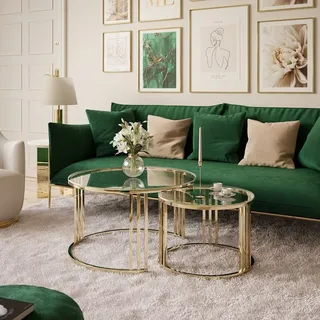 lookway Runder Couchtisch 2in1 LORI GLASS goldener Chrom - Schwarz/Weiß/Transparent