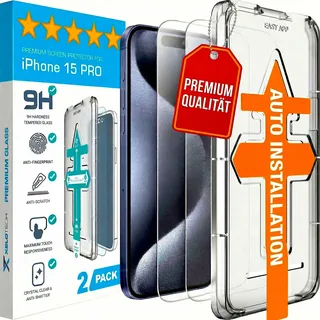XeloTech Schutzglas für iPhone 15 Pro - 100% [2 Stück] aus 9H+ Panzerglas Ultra klar - Auto Installation Anti-Fingerabdruck