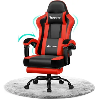 Portreen Gaming Stuhl,Bürostuhl, gamingsessel,bürostuhl ergonomisch mit Kopfstütze Lumenkissen, gepolstert, Fußstütze gamingstuhl, 150 kg gamer stuhl