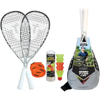 Talbot-Torro Speed-Badminton Set Speed 7700 LED, 2 kraftvolle Graphit-Composite Rackets, 5 windstabile Bälle inkl. LED für das Spiel bei Dunkelheit, inkl. Court-Liniensystem, 490127