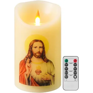 QQFCTOO LED Gebet Flammenlose Kerze mit Fernbedienung Timer, batteriebetriebene Kerze, religiöse Kerze, echtes Wachs für zu Hause Altar, Kirche, Andacht, 6 "x 3,2" (Heiligstes Herz Jesu)
