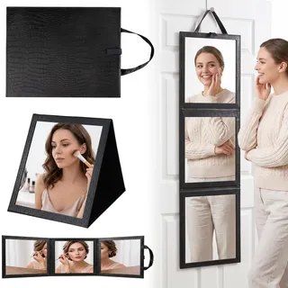 Wandspiegel Ganzkörperspiegel 118 x 33 cm Faltbar Spiegel zum Aufhängen | Groß Klappspiegel 3 Teilig Bruchsicherer Spiegel für Camping, Reisen, Tänzer, Makeup, Frisieren, für Tür, Wand, Schwarz