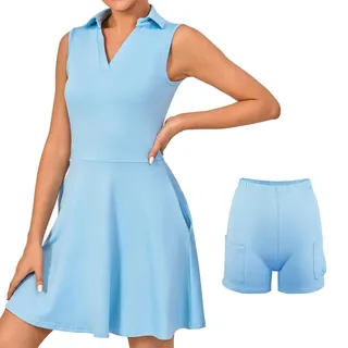 Bezioner Tenniskleid Damen mit Hose Sportkleid Frauen Ärmellos Golfkleid Damen mit Taschen Tennis Outfit Blau L