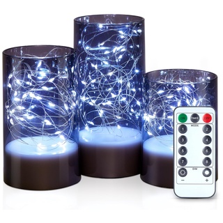 IMAGE Flackernde flammenlose Kerzen mit String Lights 3PCS Acryl Shell Pillar LED-Kerzen mit 13-Tasten-Fernbedienung Timer, batteriebetrieben für Haus, Hochzeit, Dekoration (D3 in X H4/5/6 in), Grau