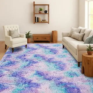 SOANNY Teppich Wohnzimmer Waschbar Anti-Rutsch 120x180 cm, Türkis Lila | Hochflor, Langflor, Flauschig, Weich, Tie-Dye, Pflegeleicht, Für Wohnzimmer Schlafzimmer Kinderzimmer Büro Bettumrandung