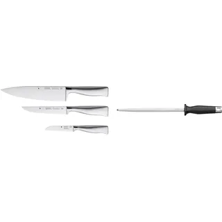 WMF Grand Gourmet Messerset 3teilig Made in Germany, 3 Messer geschmiedet, Küchenmesser & Spitzenklasse Plus Wetzstahl 36 cm, Wetzstab für Messer, Cromargan Edelstahl, Stahllänge 23 cm