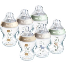 Tommee Tippee-Babyflaschen, Natural Start Anti-Kolik-Flasche 260ml, brustähnl. Sauger, Anti-Kolikventil, selbst steril., Zubehör, dekor., 6er-Pack