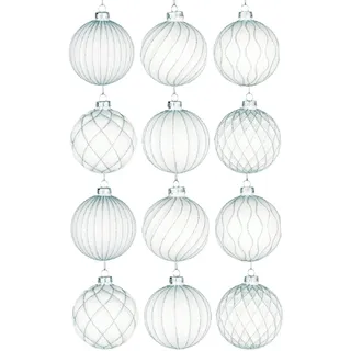 Shatchi 12 Stück/80 mm Glaskugeln, Weihnachtsbaumkugeln, hängende Ornamente, Verschiedene Designs, Weihnachtsbaumschmuck, weiß gestreift