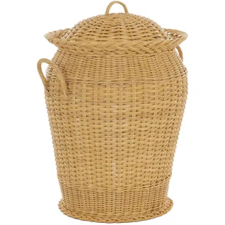 Wäschekorb/Wäschetonne rund aus echtem Rattan, Wäschesammler mit Deckel und Inlett (Honig)