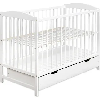 Gitterbett Babybett 2in1 60x120 mit Schublade Schlupfsprossen und Lattenrost Höhenverstellbar Umbaubar zum Juniorbett für Mädchen und Junge - Weiß - Weiß
