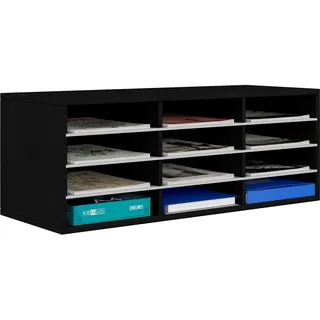 EasyPAG 12 Fächer Holz A4 Büro Schreibtisch Organizer Dokumentenhalter Aktenablage Zeitschriftenhalter Briefablage Papier Magazin Organisator,Schwarz