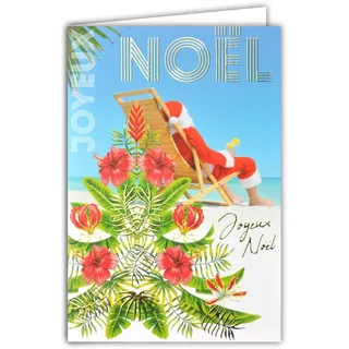 Karte Frohe Weihnachten Weihnachtsmann rot Mütze Cocktail Liegestuhl Strand Meer Blau Türkis Tannenbaum Blumen exotisch Tropisch Tropisch Dom-Tom Gold glänzend