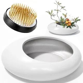 TonJin Steckigel-Set mit Vase: 50mm Blumenigel aus Messing & Keramik-Tropfenvase für Elegante Ikebana-Arrangements, Perfektes Steckigel Blumen Zubehör für Hochzeiten Teestuben Wohnkultur(Weiß, Groß)