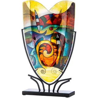 GILDE GLAS art Deko Vase auf schwarzem Metall Ständer - Kunstobjekt handbemalt - Mehrfarbig Höhe 48 cm