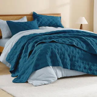 Litanika Queen-Size-Bettwäsche-Set, Blaugrün – voll leichte Bettdecke Tagesdecken & Decken Türkis – Bettbezug Bettdekoration für alle Jahreszeiten – 3-teilig (1 Steppdecke, 2 Kissenbezüge)