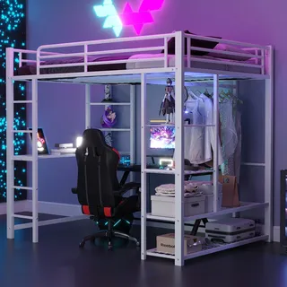 Flieks Etagenbett 140x200cm mit Schreibtisch, Kinderbett Metallbett mit Regal, Hochbett mit Rausfallschutz und Lattenrost, Doppelbett Stockbett, Weiß - Weiß