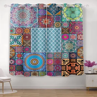 Violetpos 245 x 140 cm 2er Set Verdunkelungs Vorhang Mit Ösen Gardinen Schlafzimmer Ösenvorhang Verdunklungsgardinen Bunt Psychedelisch Mandala Blume