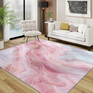 TerroVee Marmor Teppich, Rosa Abstrakt Teppiche rutschfest Waschbar Weich, Modern Luxus Minimalistisch Wohnzimmerteppich Schlafzimmer Jugendzimmer, 120x180 cm, Rosa Weiß Gold