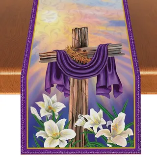 Tischläufer mit Aufschrift Happy Easter, He is Risen, christliches Kreuz, Ostern, Frühling, Sommer, Party-Dekorationen und Zubehör für Zuhause, Küche, Tisch, 33 x 183 cm