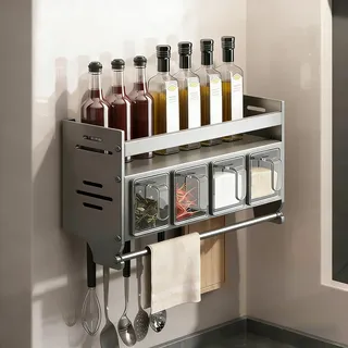 AmoreTempo Gewürzregal Wand Ohne Bohren mit 4 Gewürzdosen & Küchenrollenhalter, Edelstahl Küchenregal Hängend mit Löffel und Haken - Wandorganizer Set für Küche