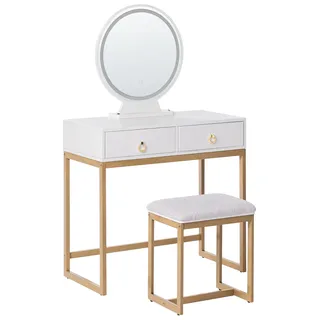 BELIANI Schminktisch Weiß und Gold MDF-Platte mit Metallbeinen Rundem LED-Spiegel 4 Schubladen Hocker Glamour für Erwachsene Schlafzimmer Jugendzimmer - Weiß, Gold, Beige