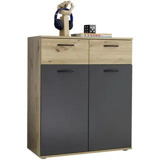 Stella Trading Boxxx Kommode, Graphit, Eiche Artisan, Holzwerkstoff, 1 Fächer, 2 Schubladen, 80x95x38 cm, Wohnzimmer, Kommoden - Sideboards, Kommoden