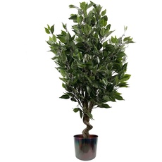 Leaf Tropische Kunstpflanze in Metall-Übertopf, gemischte Materialien, grüner Ficus Twist, Mehrfarbig, 110 cm