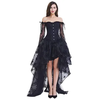 Kimring Women's Steampunk Victorian Off Shoulder Embroidery Long Sleeves Corset Top with High Low Skirt Set Black XXXX-Large