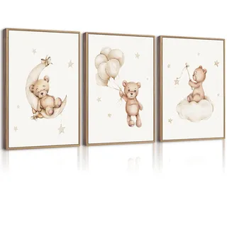Bär Kinderzimmer Wandkunst-Dekor, Set mit 3 Teddybären, Leinwand-Kunst, Baby, Jungen, Kinderzimmer, Dekordrucke, neutrale Bilder, Mond, Stern, Wolke, Druck für Mädchen, Kinderzimmer, 40,6 x 61 cm