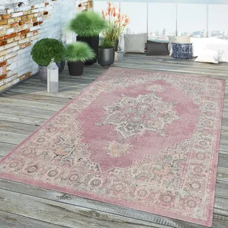 TT Home In-& Outdoor Teppich Küche Wohnzimmer Wetterfest Balkon Vintage Design Abstrakt Größe 60x100 cm - Rosa