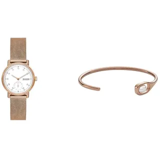 Skagen Kuppel Damenuhr und Agnethe Manschettenarmband - Lille Zweizeiger-Sub-Sekunde, Rose Gold Edelstahluhr und Agnethe Muschelperlenarmband