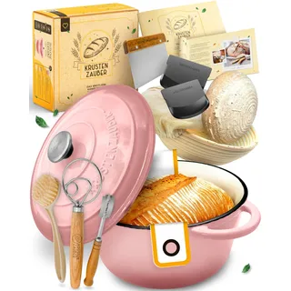 Gusseisen Topf Brot Backen emailliert im XXL Set - Brotbackform mit Deckel inkl Gärkorb, Schneebesen, Bäckermesser, Teigschaber, Brotschlinge etc. Perfektes Brotbacktopf Set für Anfänger